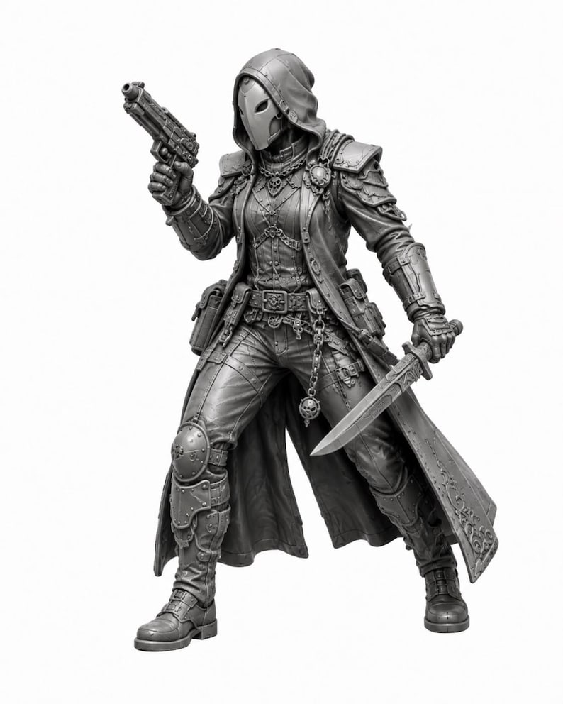 May include: A gray monochrome figurine of a hooded character wearing tactical armor, a long coat, and a mask. The character holds a pistol in the right hand and a dagger in the left hand, featuring intricate belt details, chains, and knee guards.
