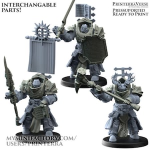 May include: A collection of gray, 3D-printed miniature figures, each in detailed armor and holding various weapons. The figures are on black bases. Text on the image reads "INTERCHANGEABLE PARTS!" and "PRINTERRAVERSE PRESSUPORTED READY TO PRINT".