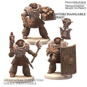 Peut inclure: Ensemble de figurines miniatures beiges avec bras interchangeables, prêtes à être imprimées. Les figurines sont en position de combat, tenant des armes et des boucliers. Le texte "INTERCHANGEABLE ARMS!" est visible.