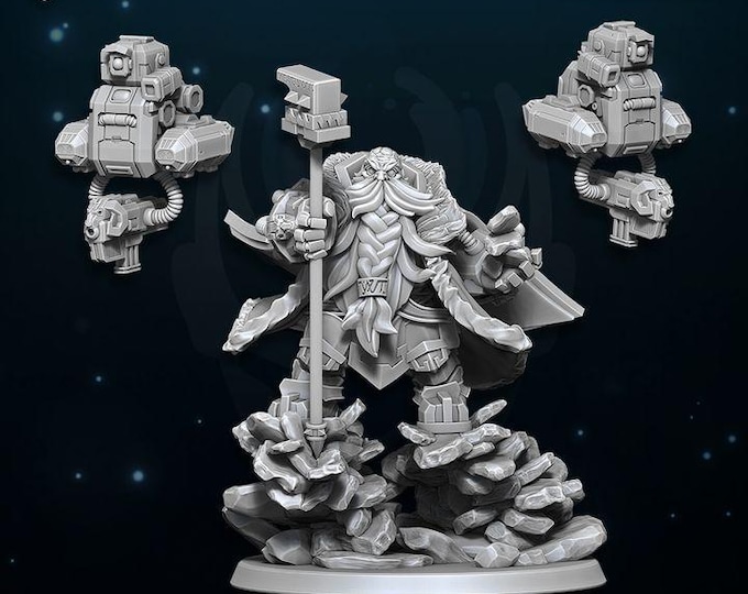 Space Dwarfs - Miniature - Avalanche Lord with Drones - Wildmesh - Tabletop Wargaming for Grimdark | Alternative | OPR Sci-Fi mini