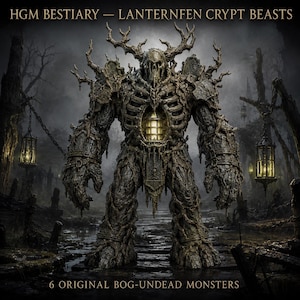 May include: A dark, textured creature resembling a tree-like monster with antlers, a ribcage chest, and a glowing lantern core. The text reads HGM BESTIARY — LANTERNFEN CRYPT BEASTS and 6 ORIGINAL BOG-UNDEAD MONSTERS. The figure stands in a dark, misty environment.