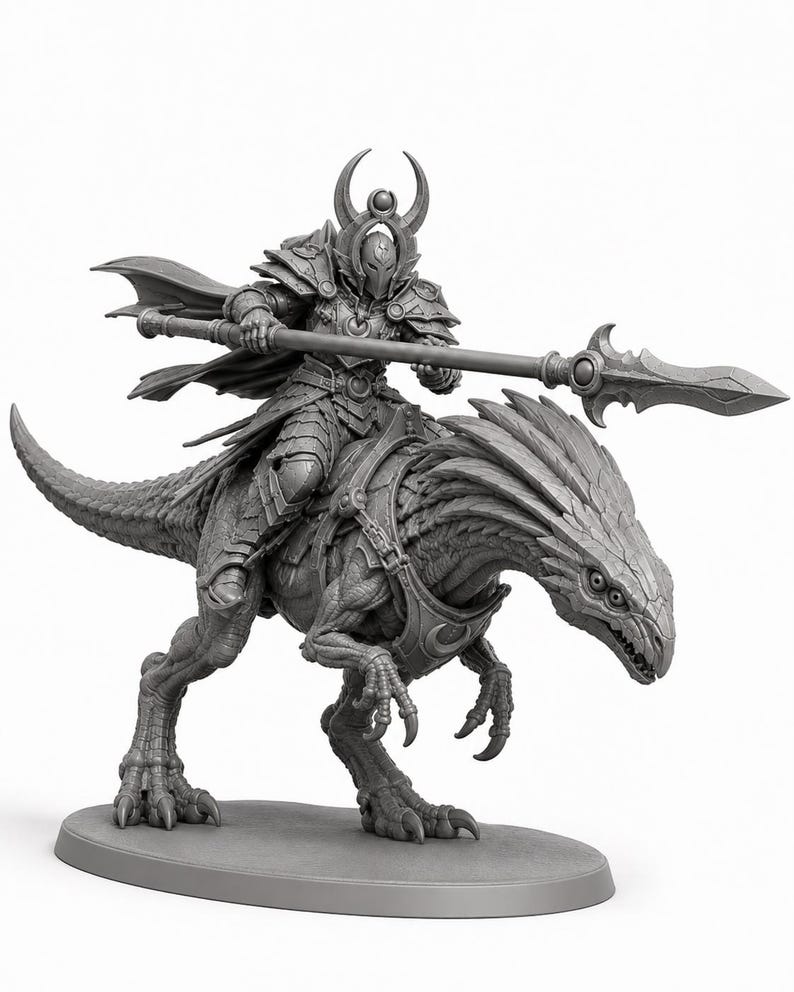 May include: A gray miniature figurine of a warrior in ornate plate armor with a crescent-shaped helmet crest, holding a long spear. The warrior is mounted on a large, scaly, reptilian creature with a saddle and harness, standing on an oval base.