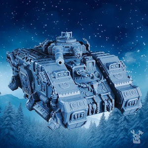 May include: A detailed, blue-grey model of a futuristic tank, featuring a large cannon, multiple turrets, and intricate mechanical details. The tank is set against a backdrop of a starry sky and a forest.