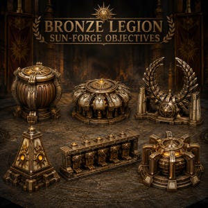 Op de afbeelding: Een verzameling van zes bronskleurige miniatuur terreinstukken met het label BRONZE LEGION SUN-FORGE OBJECTIVES. De set bevat een koepelvormige container, een cirkelvormig platform, een laurierboog, een piramide, een muur en een mechanische basis.