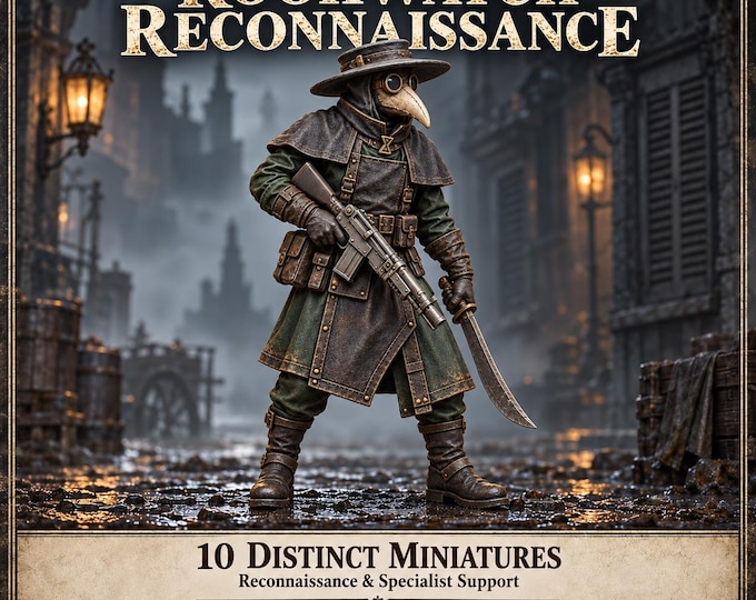 Carrion Ward Rookwatch Reconnaissance | 10 Plague Doctor Sci-Fi Scouts & Specialists | 32mm Unpainted Resin Miniatures | HGM