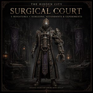 May include: A dark-toned miniature figure titled The Hidden City Surgical Court, featuring 5 miniatures including surgeons, attendants, and experiments. The central figure wears a long coat, a smooth faceplate, and a large mechanical claw arm.