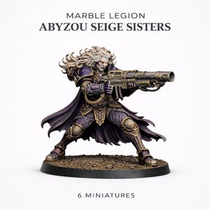 May include: A miniature figure from the Marble Legion, Abyzou Siege Sisters collection. The figure is clad in purple and gold armor, wielding a large weapon. The figure has long, flowing white hair and is posed in a dynamic stance. The base reads "6 miniatures".