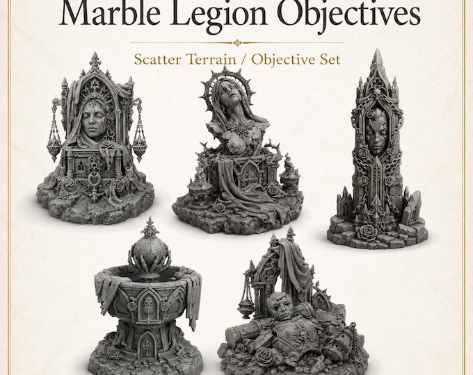 Marble Legion Objectives – Highland Battlefield Works - 5 Piece Gothic Statue Objective Marker Set – 28-32mm Tabletop Scatter Terrain