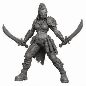 May include: A grey unpainted miniature figurine of a warrior with a braided ponytail and a respirator mask. The figure wears tactical armor, a belt with attached canisters, and boots, while holding a curved blade in each hand in a combat stance.