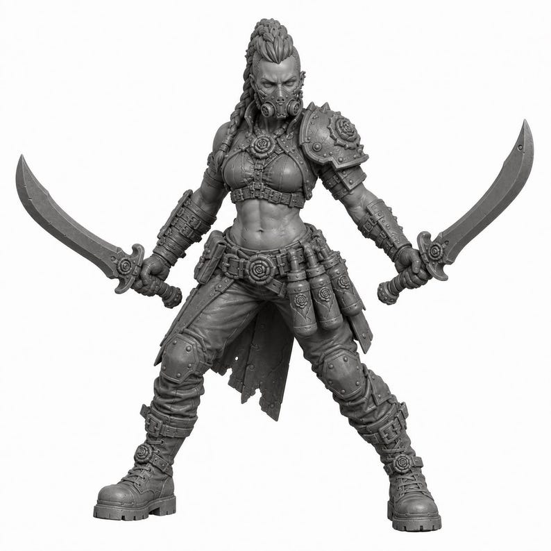 May include: A grey unpainted miniature figurine of a warrior with a braided ponytail and a respirator mask. The figure wears tactical armor, a belt with attached canisters, and boots, while holding a curved blade in each hand in a combat stance.
