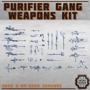 Puede incluir: Una colección de armas miniatura de plástico gris claro que incluye rifles, hachas, espadas y mazas, etiquetada como Purifier Gang Weapons Kit. El set presenta varios diseños de armas de fuego y cuerpo a cuerpo, con y sin manos incluidas.