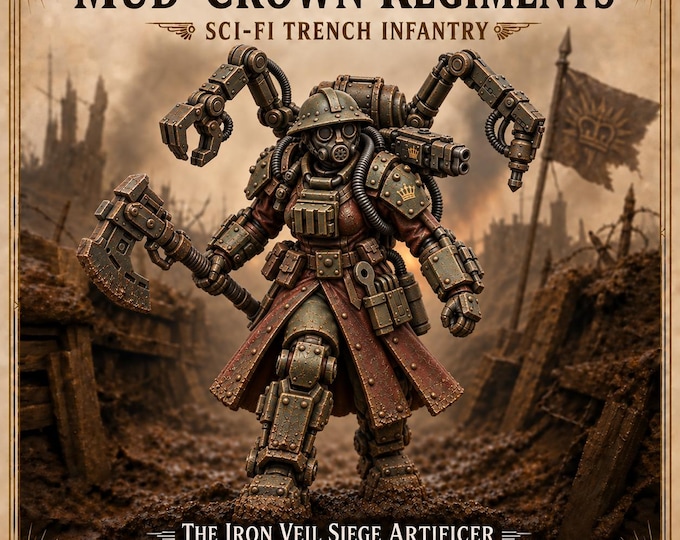 Iron Veil Siege Artificer | 43mm Sci-Fi Trench Engineer | 40mm Base Resin Miniature | Mud-Crown HGM Exclusive