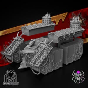 May include: A grey 3D-printed model of a war machine with intricate details. The model features a boxy design with decorative elements, including chains, skulls, and flame-like structures. The text "pre-supported" is visible.