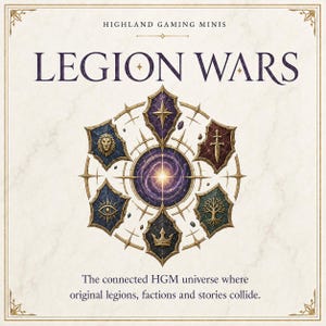 May include: A square graphic featuring the text HIGHLAND GAMING MINIS and LEGION WARS above a central circular emblem. Six shields with symbols including a lion, sword, eye, tree, and crown surround a glowing purple galaxy core on a cream background.
