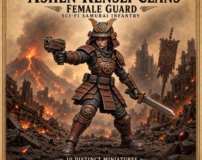 Ashen Kensei Female Guard | Choose 1 of 10 Samurai Sci-Fi Warrior Poses or Units of 5, 10 or 20 | 32mm Resin Miniatures