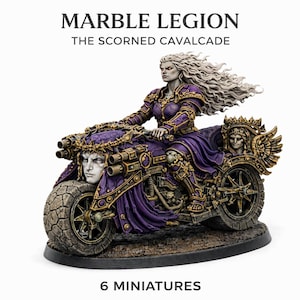 May include: A miniature figure of a woman on a motorcycle, with the text "MARBLE LEGION THE SCORNED CAVALCADE" above. The figure wears purple and gold armour. The motorcycle has a large front tyre and is decorated with gold accents. The base reads "6 MINIATURES".