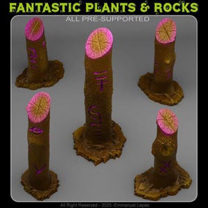 Puede incluir: Cinco modelos de troncos de árboles marrones con copas rosas y amarillas brillantes. Los troncos tienen símbolos morados tallados. El texto "FANTASTIC PLANTS & ROCKS" y "ALL PRE-SUPPORTED" está en la parte superior. La parte inferior de la imagen dice "All Right Reserved - 2025 -Emmanuel Lepas."