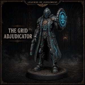 May include: A miniature figurine titled The Grid Adjudicator from Legends of Judgement. The figure wears dark, metallic armour with glowing blue circuit-like lines, a long coat, and holds a circular shield with a scale icon and a futuristic pistol.