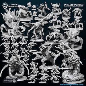 Puede incluir: Una colección de figuras en miniatura pre-soportadas y detalladas, que incluyen varias criaturas y monstruos de fantasía. Las figuras son en tonos grises y blancos, con diseños y texturas intrincados. La imagen incluye el texto "DEN OF IMAGINATION" y "PRE-SUPPORTED".