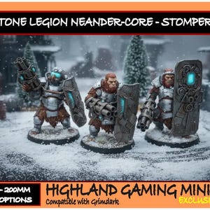 May include: Three miniature figures from the Stone Legion Neander-Core Stompers unit. Each figure is equipped with weapons and shields. The image includes text that reads "HIGHLAND GAMING MINIS EXCLUSIVE". The figures are set in a snowy environment.