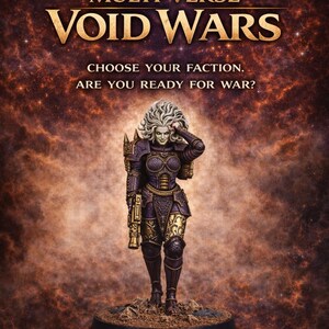The image is an advertisement for the release of the video game "Multi-verse Void Wars". It features a female character in a fighting stance, holding a weapon, and is set against a backdrop of a fiery, cosmic-looking background.