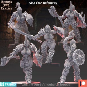 Könnte beinhalten: Eine Sammlung grauer, detaillierter Miniaturfiguren der She Orc Infantry, jede mit Waffen und Schilden. Die Figuren befinden sich in verschiedenen Aktionshaltungen, mit dem Text "She Orc Infantry" und "28mm base / modular heads".