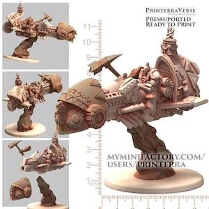 May include: A beige 3D-printed model of a futuristic vehicle, featuring detailed designs, a hammer-like weapon, and a domed structure. The model is supported by a stylized base. The image includes text that reads "PRINTERRAVERSE" and "READY TO PRINT".