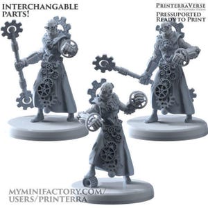 May include: Three grey, 3D-printed figures of a steampunk-style character with interchangeable parts. The figures stand on round bases. The character has gear-shaped elements and wears a long coat. Text on the image reads "INTERCHANGEABLE PARTS!" and "PRESSUPORTED READY TO PRINT."