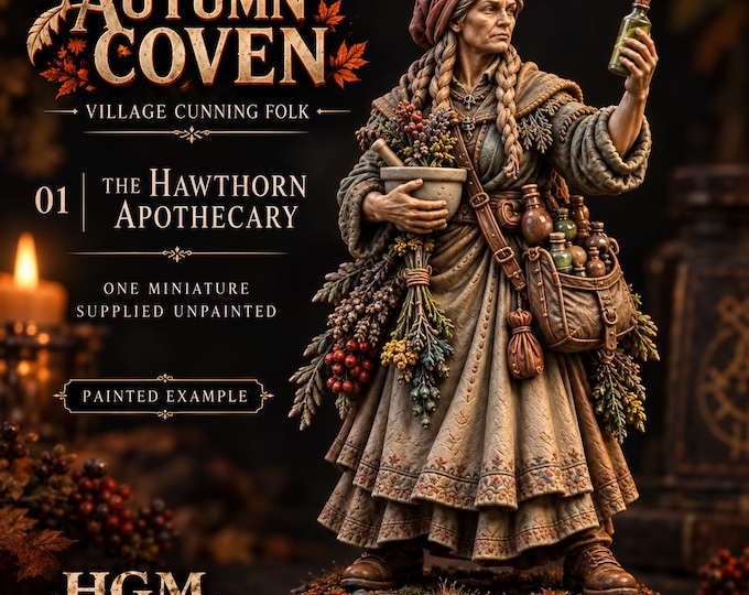 Hawthorn Apothecary | Autumn Coven Witch Healer | 32mm Resin Fantasy NPC Miniature | HGM Exclusive