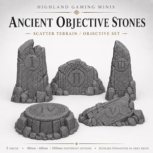 Ancient Objective Stones | 5 Resin Scatter Terrain Markers | 40–100mm | HGM Exclusive