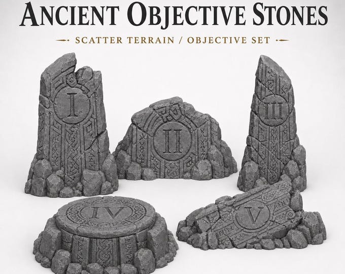 Ancient Objective Stones - Highland Battlefield Works - 5 Piece Scatter Terrain Objective Marker Set 40mm 60mm 100mm Wargaming RPG Scenery