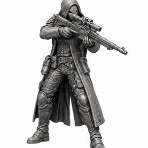 May include: A grey miniature figurine of a hooded character wearing a long coat, tactical gear, and a mask, holding a scoped rifle. The figure features detailed armor plating on the legs, multiple utility pouches, and a chain hanging from the belt.