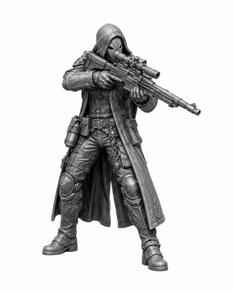 May include: A grey miniature figurine of a hooded character wearing a long coat, tactical gear, and a mask, holding a scoped rifle. The figure features detailed armor plating on the legs, multiple utility pouches, and a chain hanging from the belt.