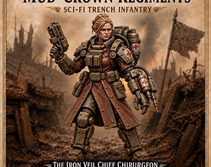 Iron Veil Chief Chirurgeon – Female Sci-Fi Combat Medic Miniature | 32mm Scale Resin Character | Mud-Crown Regiments HGM Exclusive