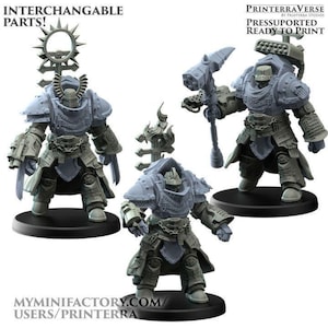 May include: Three grey miniature figures of armoured warriors, each on a black base. The figures have interchangeable parts and are ready to print. The text "INTERCHANGEABLE PARTS!" and "PRESSUPORTED READY TO PRINT" are visible.