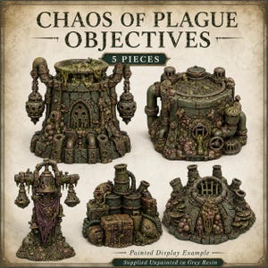 Puede incluir: Un conjunto de cinco piezas de terreno en miniatura tituladas Chaos of Plague Objectives, que presentan estructuras industriales con texturas orgánicas y en descomposición en tonos verdes y marrones. El set incluye una cuba, un tanque, un campanario, cajas y un búnker.