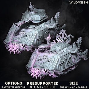 Puede incluir: Dos detallados tanques de batalla grises y morados impresos en 3D. Los tanques tienen diseños ornamentados, incluyendo calaveras y detalles en forma de llama. La imagen incluye el texto "OPTIONS BATTLE/TRANSPORT", "PRESUPPORTED STL & LYS FILES" y "SIZE SNEAKILY COMPATIBLE".