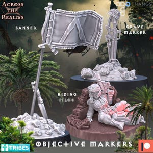 Puede incluir: Un conjunto de marcadores de objetivos en miniatura para juegos de mesa. Incluye una bandera, un marcador de tumba con un rifle y una figura etiquetada como "Hiding Pilot". También se ve el texto "Across the Realms" y "Objective Markers".