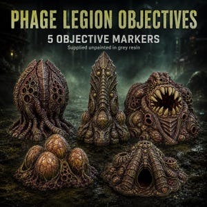 Puede incluir: Cinco marcadores de objetivo titulados Phage Legion Objectives, suministrados sin pintar en resina gris. El conjunto incluye cinco estructuras distintas, texturizadas y de aspecto orgánico con detalles complejos de estilo alienígena.