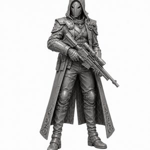 May include: A gray monochromatic figurine of a hooded character wearing a long coat with ornate trim, tactical gear, and knee armor. The figure wears a smooth mask and holds a long-barreled rifle with a scope in both hands, standing in a firm pose.
