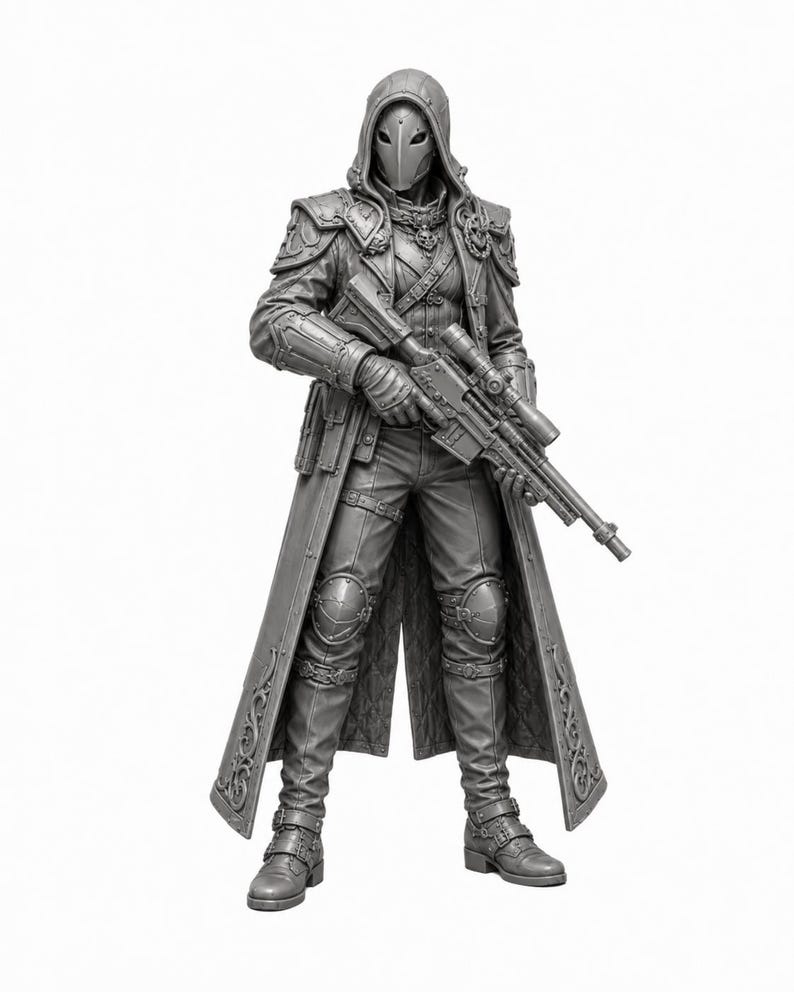 May include: A gray monochromatic figurine of a hooded character wearing a long coat with ornate trim, tactical gear, and knee armor. The figure wears a smooth mask and holds a long-barreled rifle with a scope in both hands, standing in a firm pose.