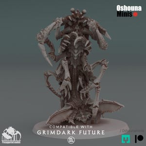 May include: A detailed, off-white miniature figure of a creature with multiple limbs, claws, and a segmented body. The figure is labeled "COMPATIBLE WITH GRIMDARK FUTURE" and "Oshounaminis". The base is a light gray color.