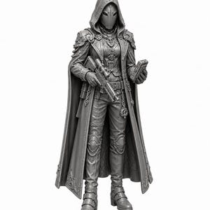 May include: A gray monochromatic figurine of a hooded character wearing a long coat with gear-like embellishments, knee armor, and buckled boots. The figure holds a scoped rifle in one hand and a rectangular device in the other, wearing a smooth mask.