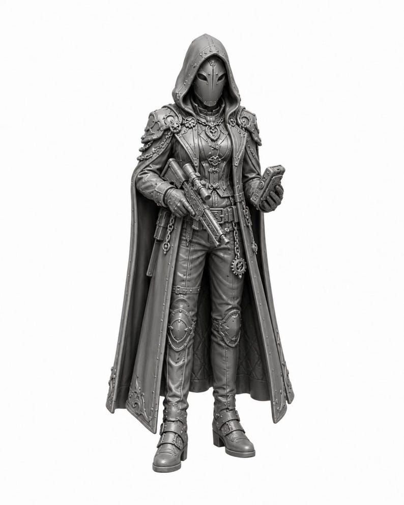 May include: A gray monochromatic figurine of a hooded character wearing a long coat with gear-like embellishments, knee armor, and buckled boots. The figure holds a scoped rifle in one hand and a rectangular device in the other, wearing a smooth mask.
