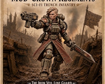 Iron Veil Line Guard – 10 Female Sci-Fi Trench Infantry Miniatures | 32mm Scale Resin Wargaming Squad | Mud-Crown Regiments HGM Exclusive