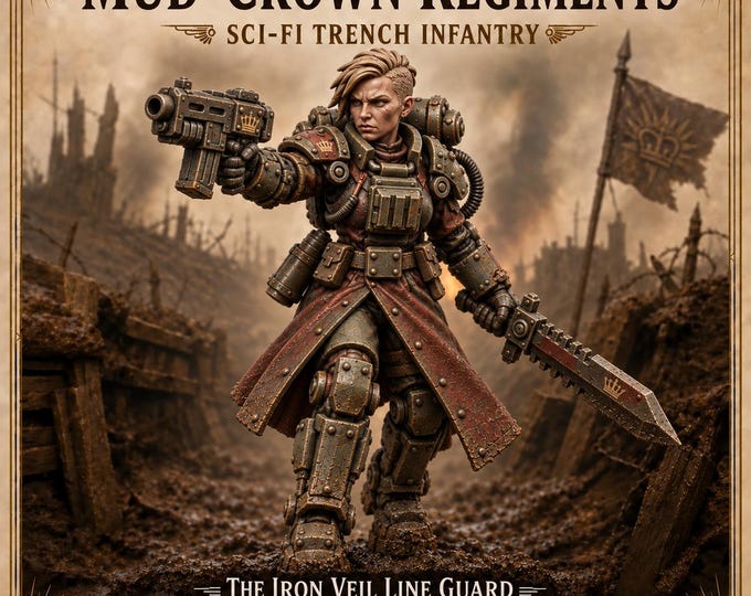 Iron Veil Line Guard – 10 Female Sci-Fi Trench Infantry Miniatures | 32mm Scale Resin Wargaming Squad | Mud-Crown Regiments HGM Exclusive