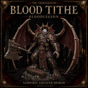 Könnte beinhalten: Eine vampirische Großer-Dämon-Miniatur mit großen Flügeln, spitzen Ohren und blasser Haut. Die Figur trägt eine dunkle, verzierte Rüstung, hält eine große Axt mit Fledermaus-Emblem und steht auf einem Steinsockel mit einem Sarg. Text: THE THIRSTBOUND BLOOD TITHE BLOODLEGION VAMPIRIC GREATER DEMON 1 MINIATURE.