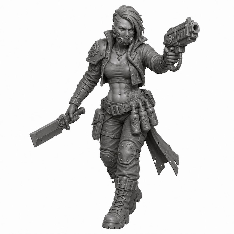 May include: A gray scale miniature figurine of a warrior with an undercut hairstyle, wearing a cropped jacket, tactical pants, and boots. The figure holds a futuristic pistol in one hand and a large rectangular blade in the other, with a gas mask.