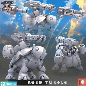 May include: Several gray, robotic turtle figurines with mounted weaponry are displayed against a blue sky background. The text "ACROSS THE REALMS" and "ROBO TURTLE" are visible. The figurines have detailed mechanical designs, suggesting a science fiction or fantasy theme.