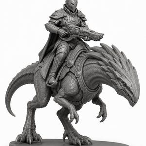 May include: A gray miniature figurine of a knight in full plate armor riding a large, scaly, reptilian creature. The knight holds a futuristic rifle, while the creature features a spiked back, a long tail, and a saddle with circular details.